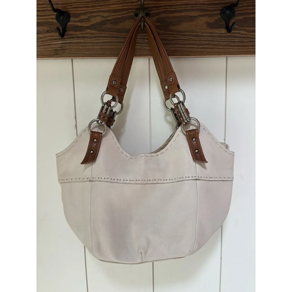 The Sak Cream Leather Shoulder Bag Purse Brown Leather Accents Boho Hobo Bag